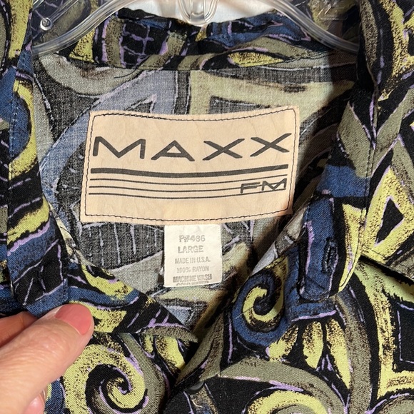 90s Maxx Fm Shirt L Short Sleeve Jazz Vintage USA Rayon Dressy Office Mens Dad - Picture 4 of 5